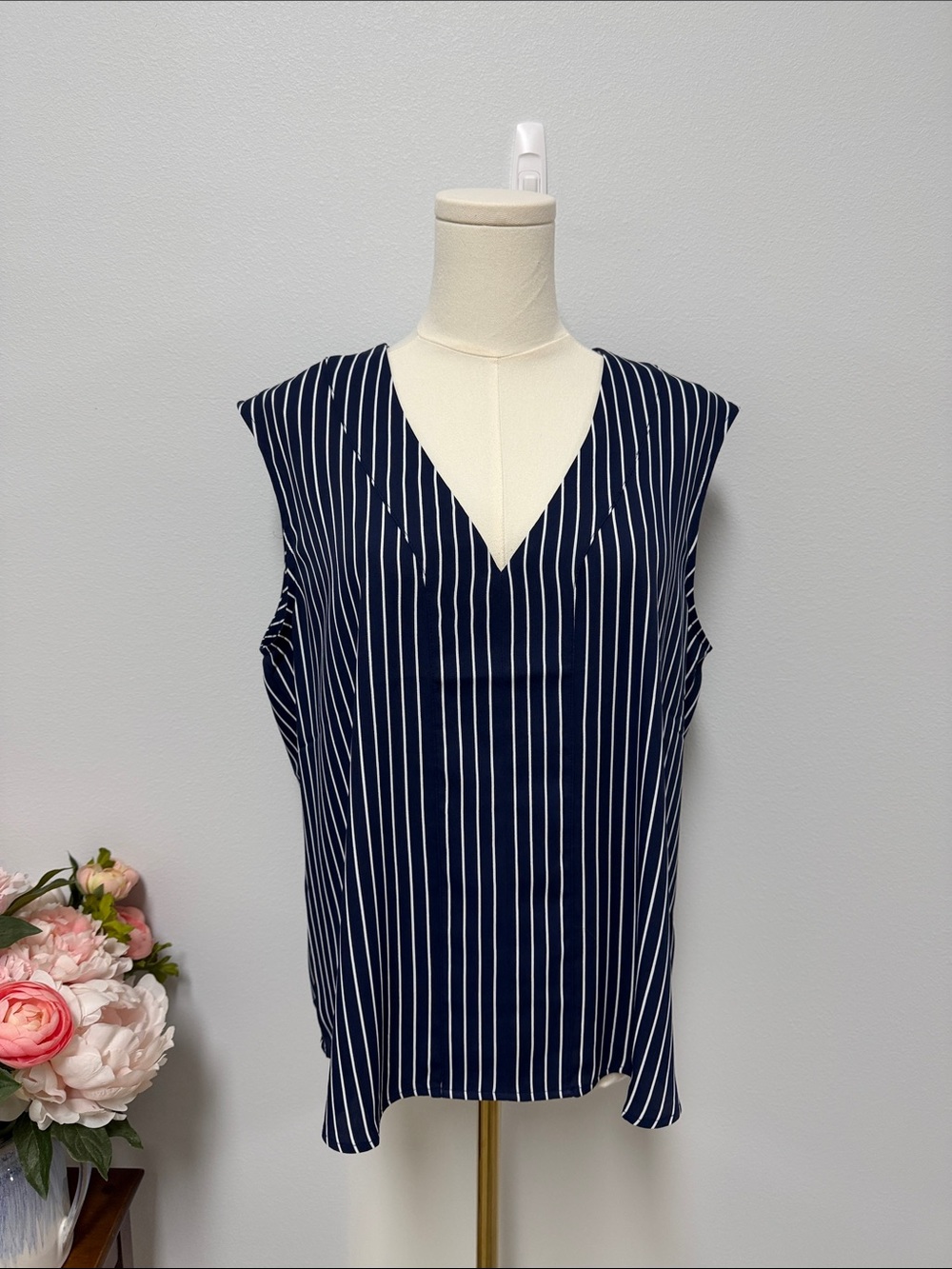 White House Black Market Navy and White Striped V-Neck Tank